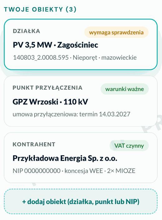 Portfel obiektów w Panelu OZE: działka, punkt przyłączenia, kontrahent