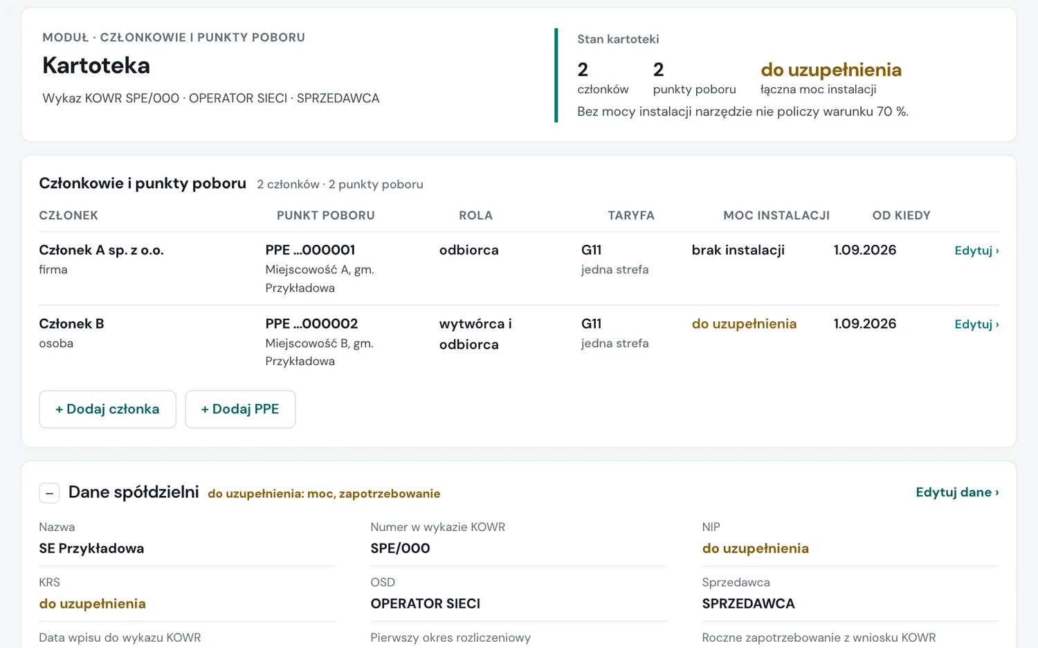 Kartoteka: członkowie i punkty poboru z taryfą, mocą instalacji i datą przystąpienia oraz dane spółdzielni do uzupełnienia